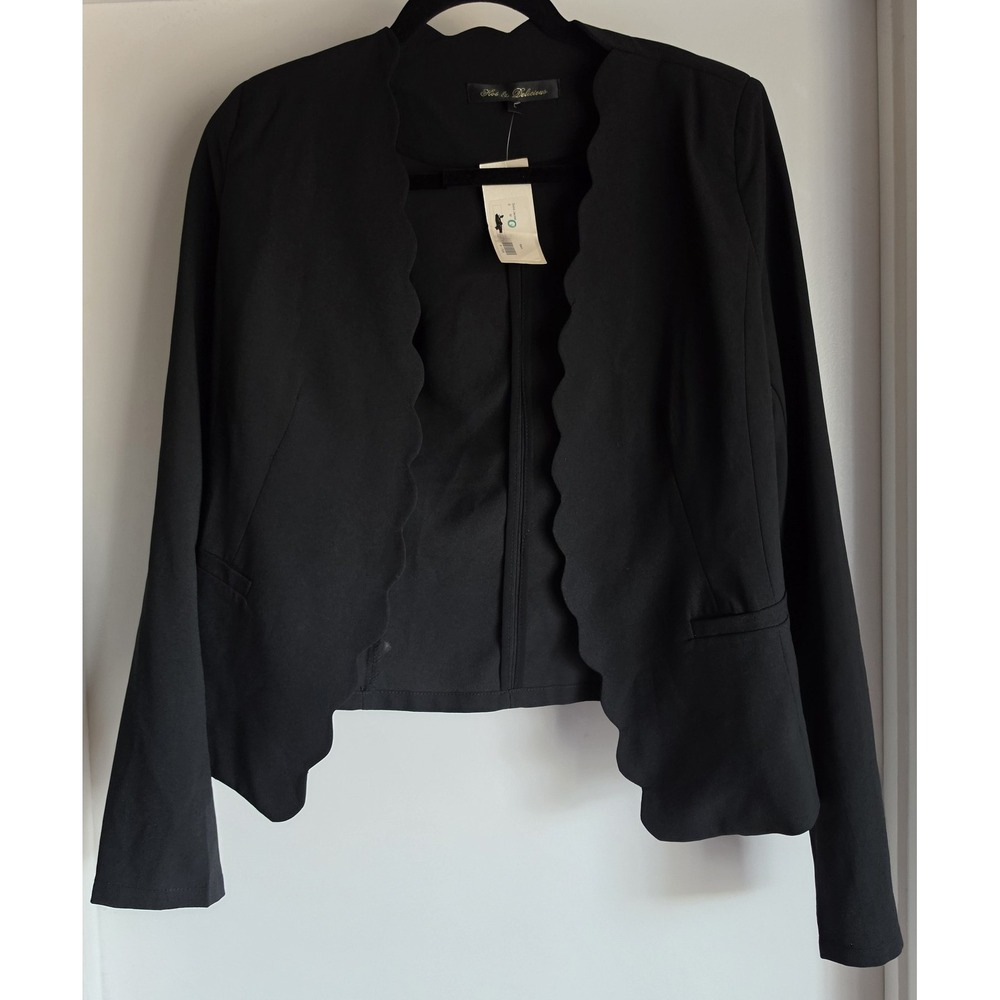NWT Hot & Delicious Women Open Jacket Size L Black Long Sleeve Scalloped Edge